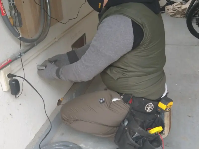 Electrician performing outlet wiring in a Montgomery garage